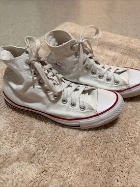 Unisex Converse White High Top Sneakers with Red and Blue Stripe